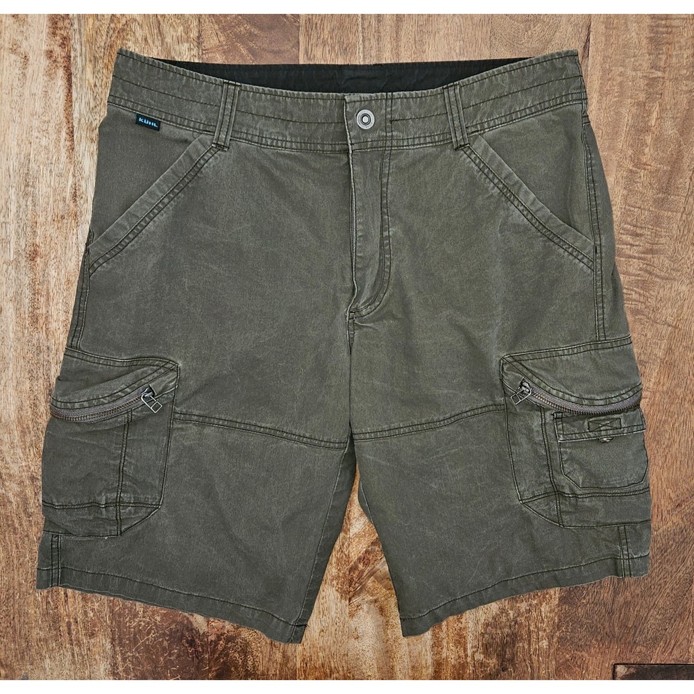 Kuhl Ambush Mens Cargo Shorts 34 Olive Green Hiking Utility Gorpcore Patina Dye